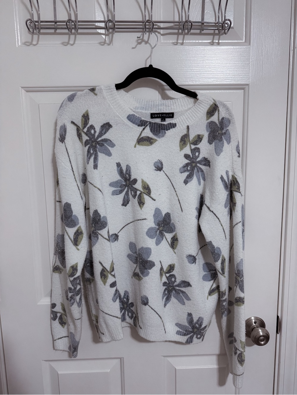 Love + Elle White Floral Crewneck Sweater with Gray Accents